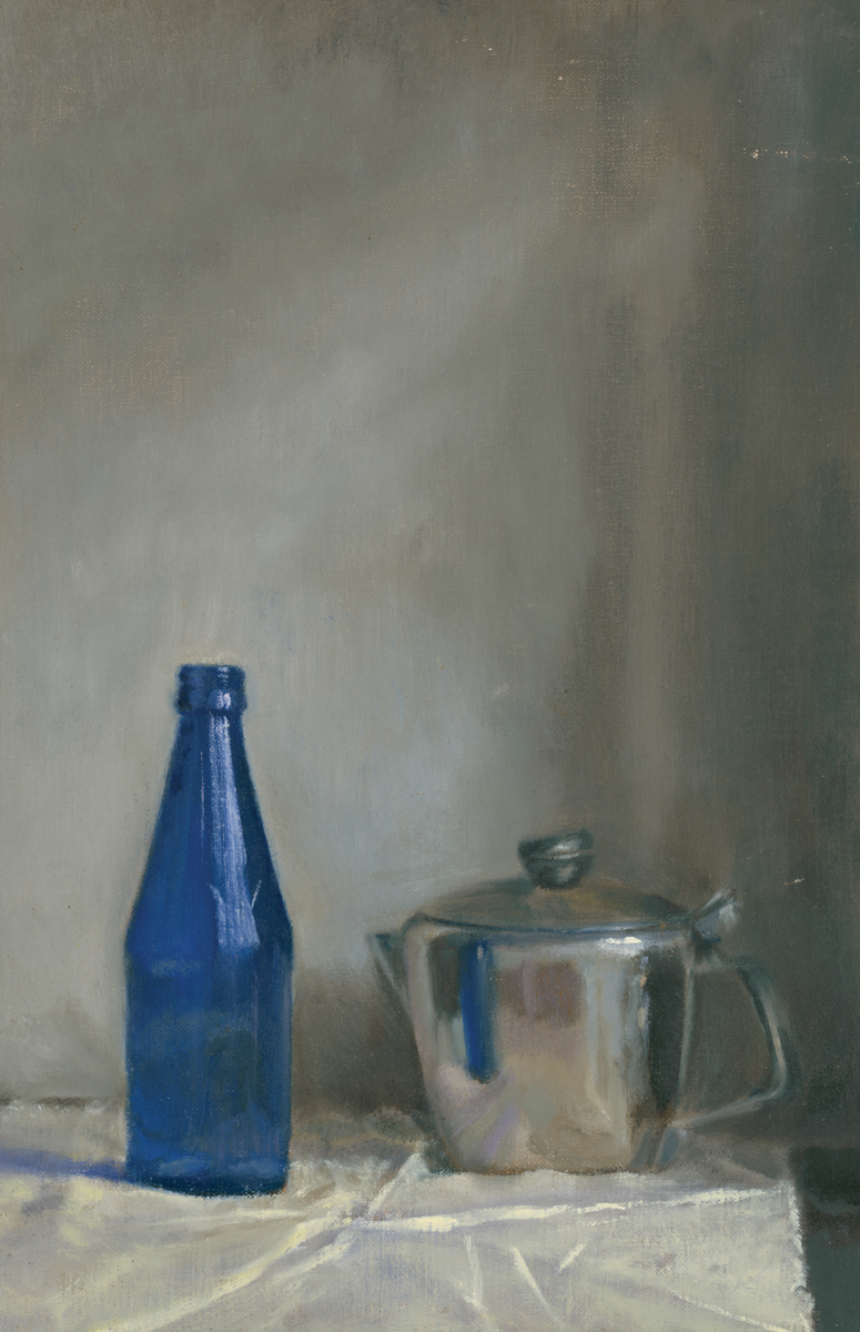 Steel Coffee Pot and a Blue Glass Bottle